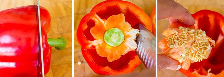 three photos showing the top being sliced off and the core being removed from a red pepper