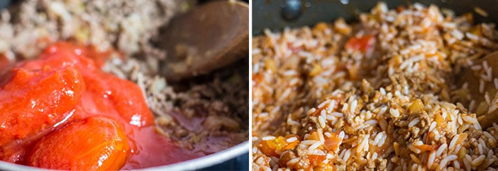 Two photos of the stuffing mixture cooking. One with the tomatoes added and one with the rice mixed in