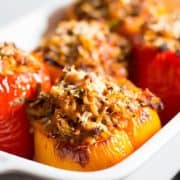 the stuffed peppers right out of the oven with golden tops