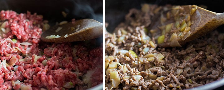 ywp photos of beef cooking with the onion mixeture. One with pink meat and one with cooked.