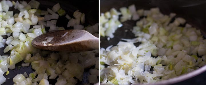 two pictures of onions cooking in a pan and garlic cooking with the onions