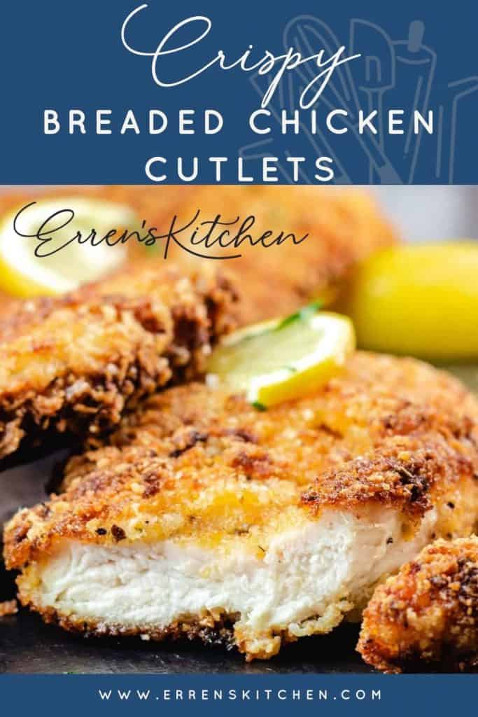 A photo of breaded chicken cutlets with the words Breaded Chicken Cutlets written on the top