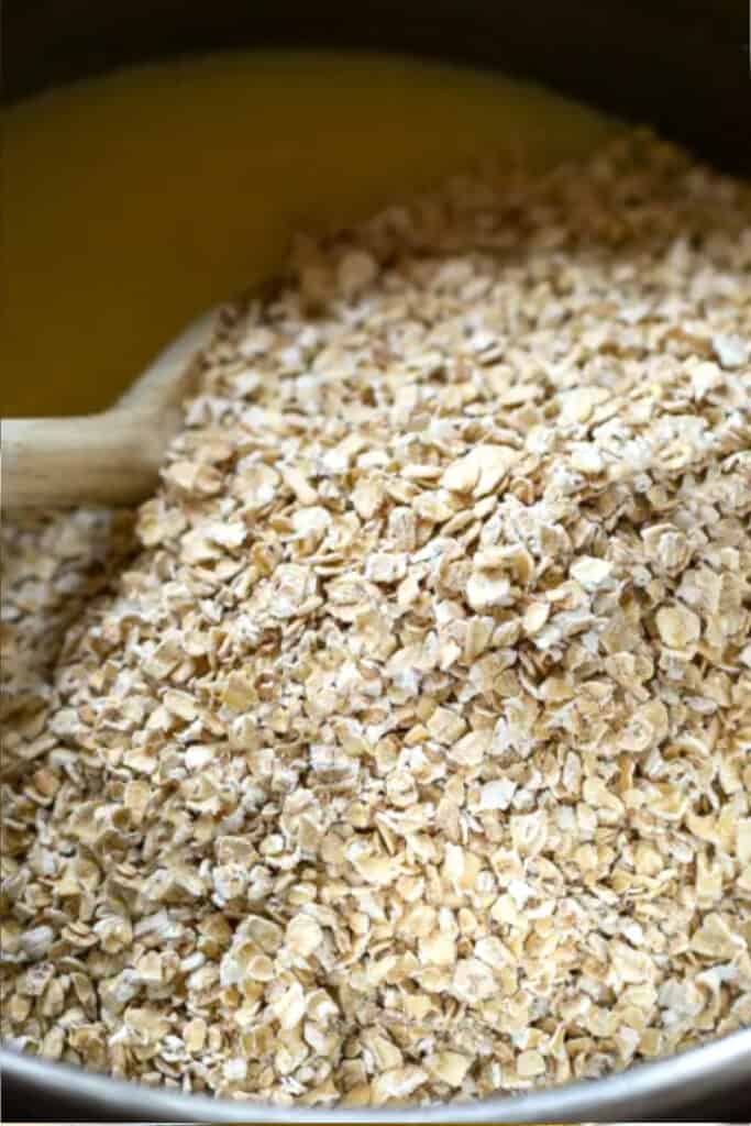 the oats added to the syrup mixture in the pan
