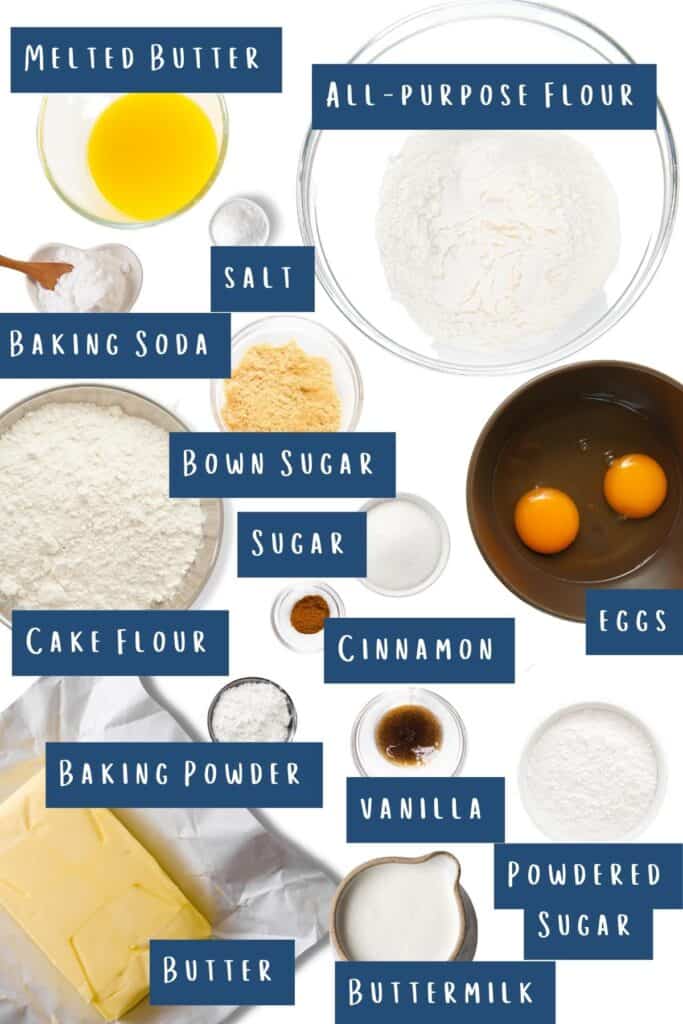 all of the ingredients for Crumb Coffee Cake laid out on a table