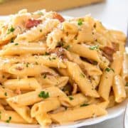 Penne Alla Vodka piled high on a white plate, sprinkled with parmasean cheese.