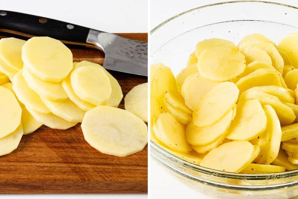 On the left, raw potato slices and a knife are on a wooden cutting board. On the right, potatoes for Crispy Garlic Roasted Potatoes are in a glass bowl, seasoned and ready to cook.
