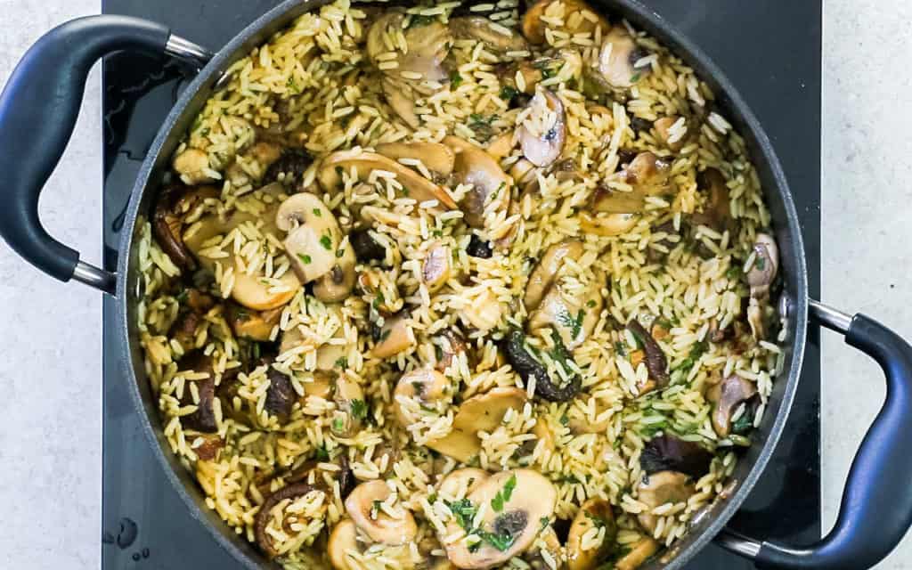 The cooked Easy Mushroom Rice Pilaf in the pan ready to serve