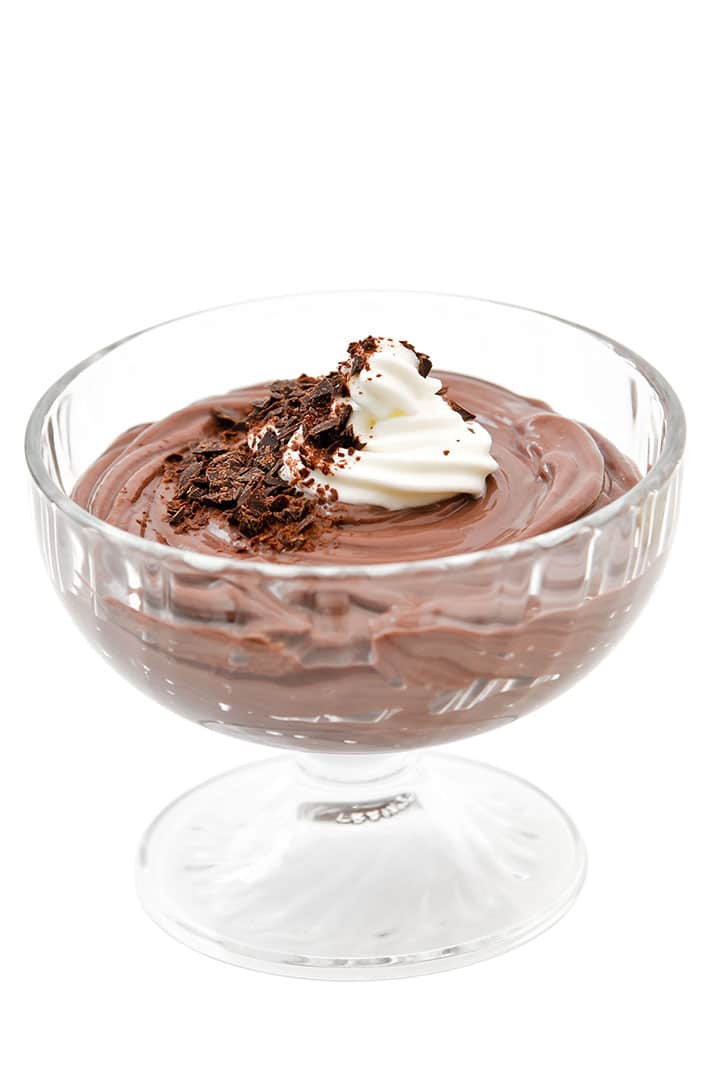 Dark chocolate pudding dessert in glass bowl