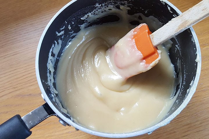 The toffee mixture cooking in the pan