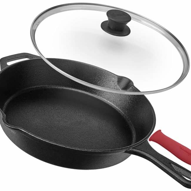 a Pre-Seasoned Cast Iron Skillet with silicone handle cover and glass lid
