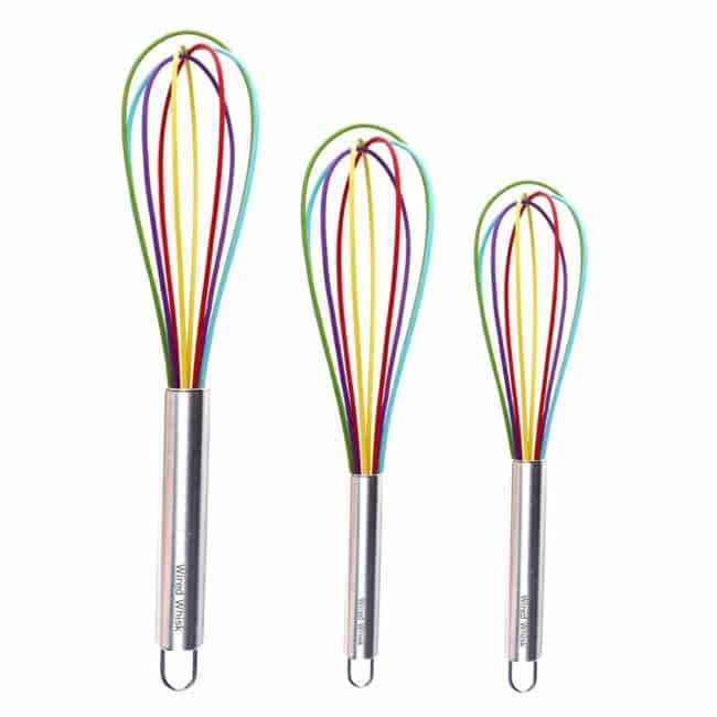 three Rainbow Whisks lines up with a white background