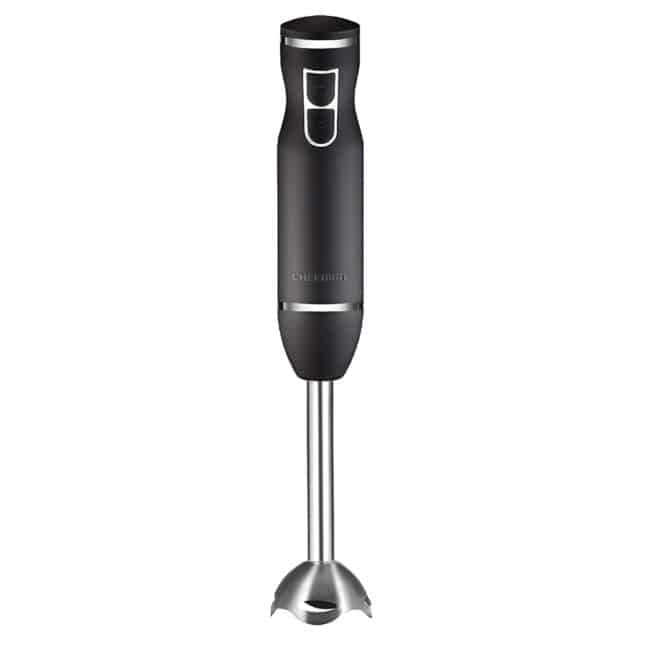 A close up of a black and stainless steel Chefman Stick Hand Blender