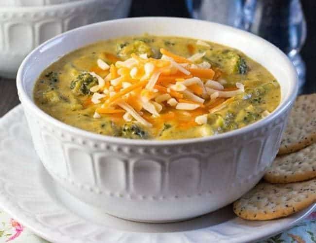a bowl of Low Carb Broccoli Cheese Soup topped with cheese
