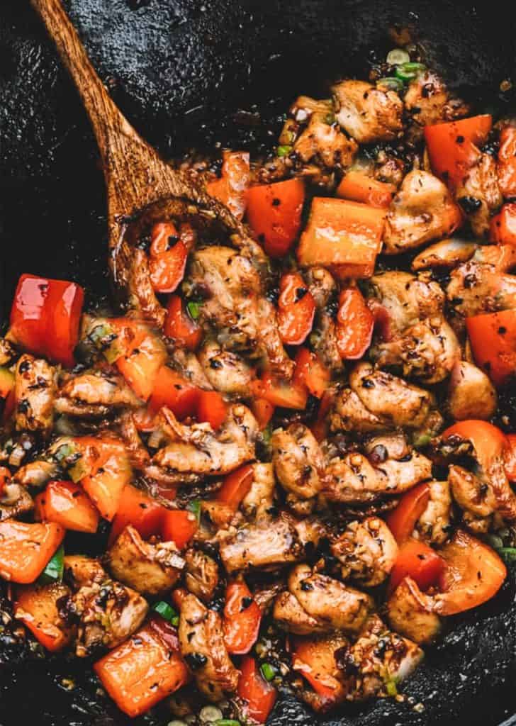Chicken with Black Bean Sauce cooked in the pan