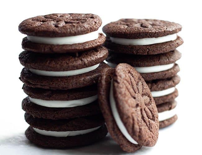 Two stacks of Homemade Oreos with one on it's side up against them