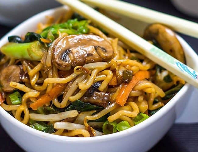 Perfect Chinese Noodles {Lo Mein} in a bowl with chopsticks