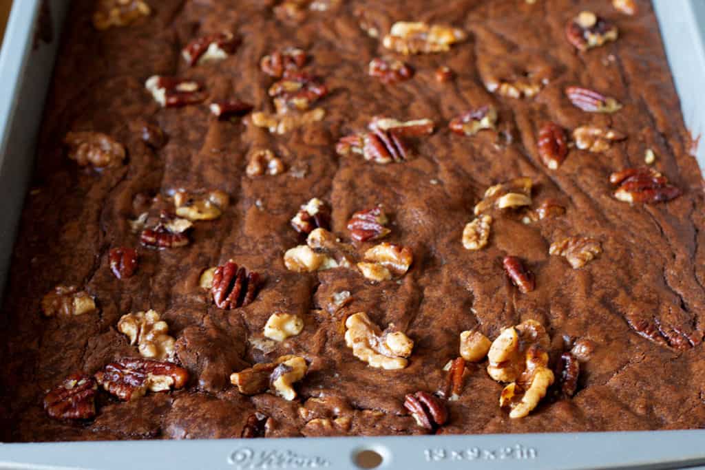 the baked brownies in the pan