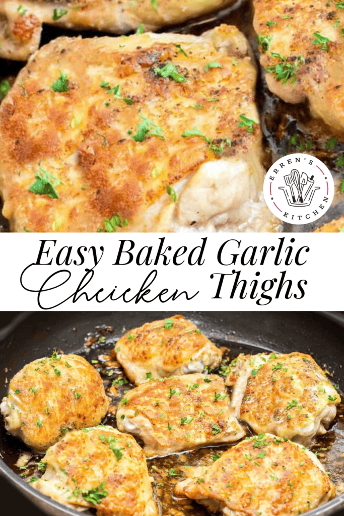 A promotional image showing the finished baked garlic chicken thighs topped with fresh parsley.