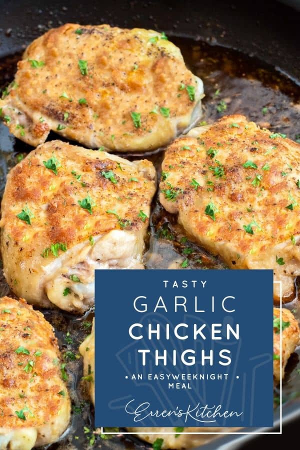 Baked Garlic Chicken Thighs with crispy skin in a pan