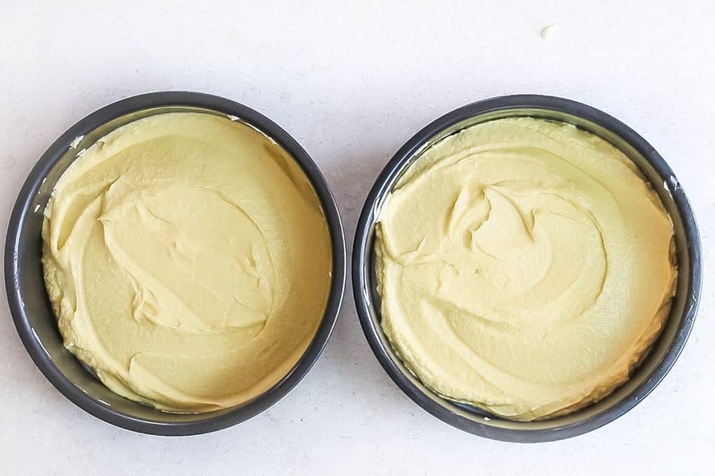 The Lemon Sponge Cake batter added to the pans ready to bake.