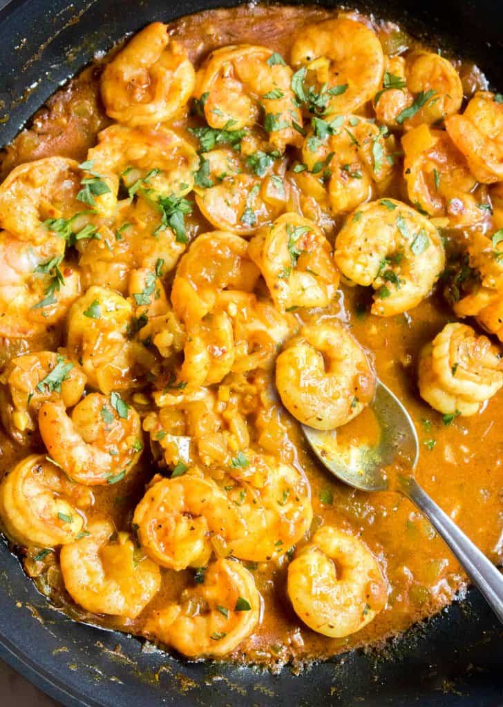 the Shrimp Coconut Curry cooked in the pan ready to serve