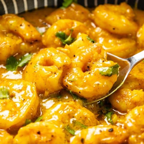 Close-up of Coconut Shrimp Curry cooked in a rich, yellow curry sauce with herbs, served in a bowl. A spoon is lifting some shrimp, highlighting the creamy texture and garnished with chopped green herbs.