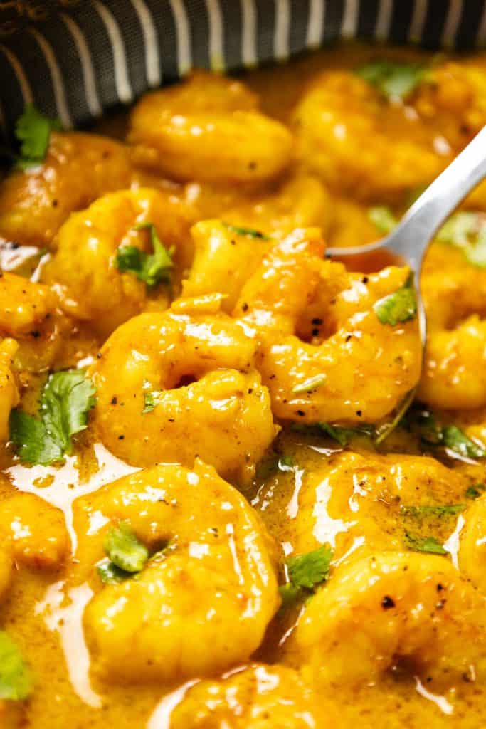 Close-up of Coconut Shrimp Curry in a creamy, yellow curry sauce, garnished with chopped cilantro. A metal spoon is lifting some shrimp from the dish. The shrimp appear juicy and well-coated in the flavorful sauce.