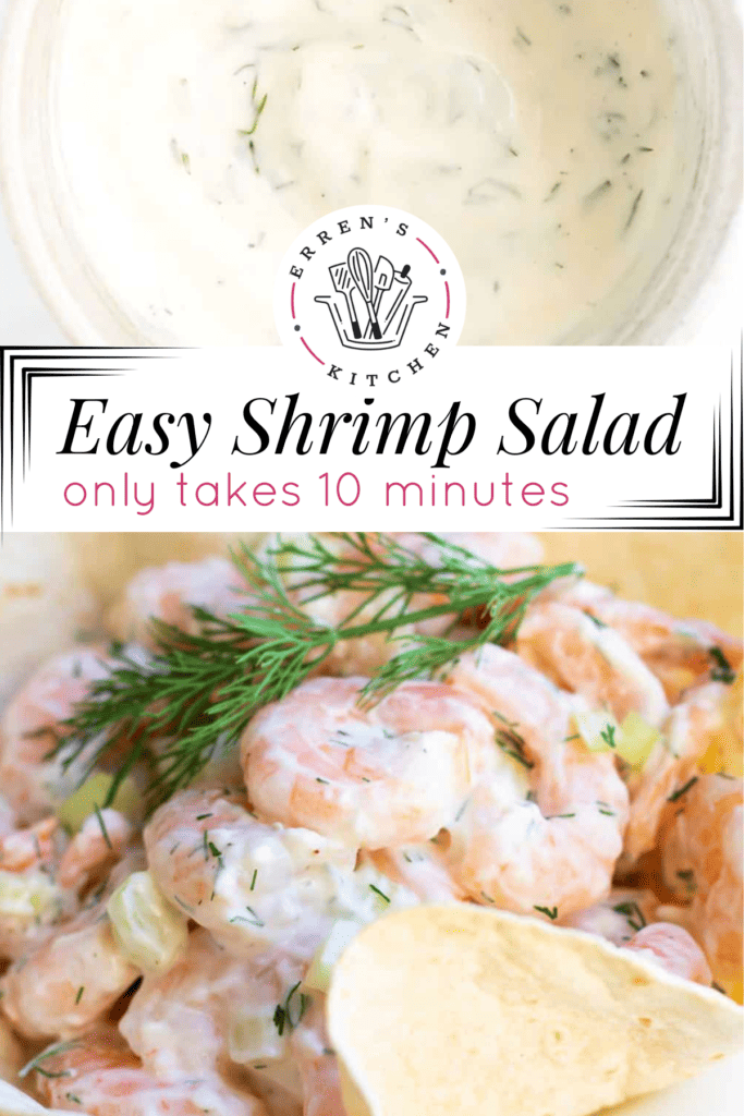 Creamy shrimp salad with dill and the creamy greek yogurt mixture in a bowl.