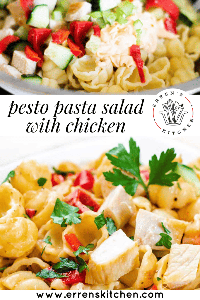 A delicious bowl of red pesto pasta salad with chopped chicken bites, roasted red peppers, parsley and basil.