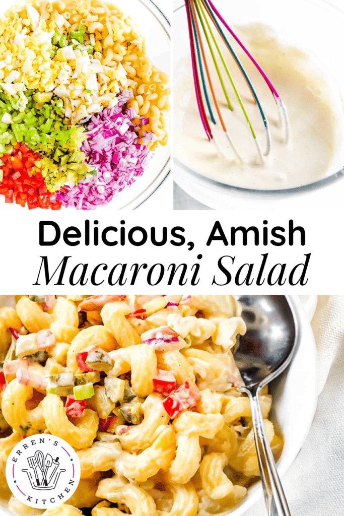 Photos of the ingredients to make Amish macaroni salad and a completed dish of macaroni salad.