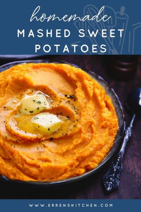 a dish of mashed sweetpotatoes topped with butter and ground black pepper with the words homemade mashed sweet potatoes above it