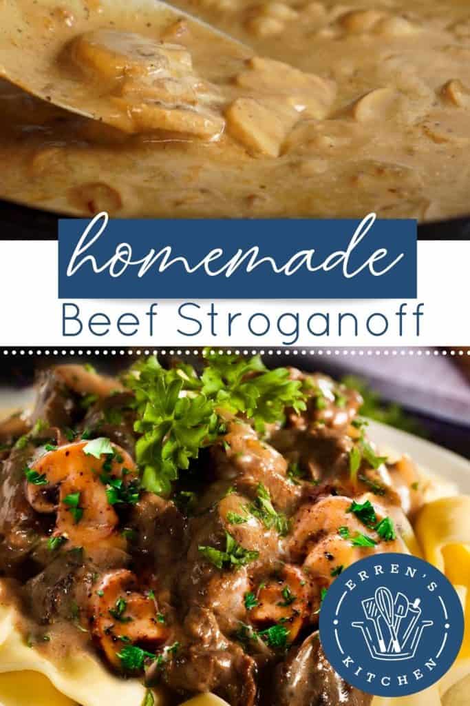 Beef and mushrooms in a creamy sauce over noodles with the words Easy Beef Stroganoff
