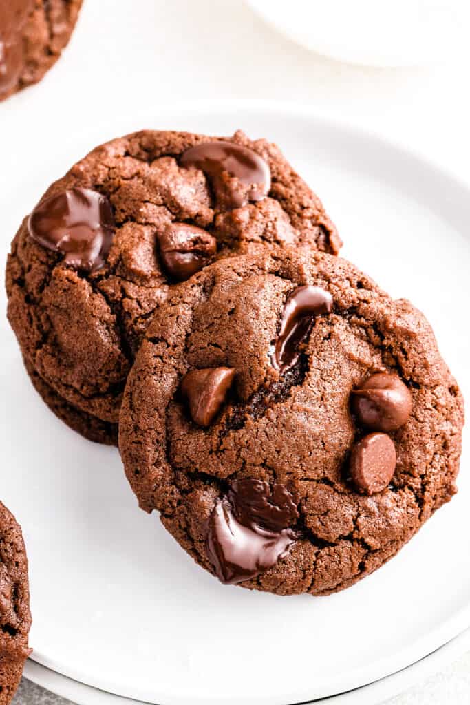 Two Double Chocolate Chip Cookies on a white plate