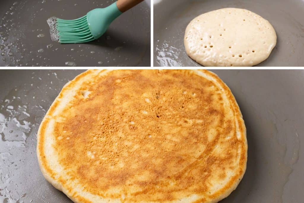  a silicone brush spreading butter in a pan, sour cream pancakes batter forming bubbles while cooking, and a golden-brown pancake in the pan.