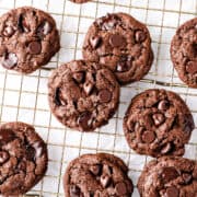 freshly baked Double Chocolate Chip Cookies on a wire rack