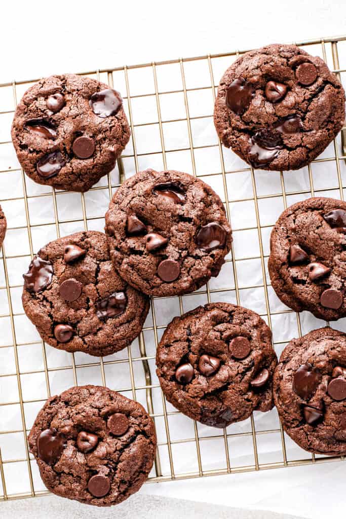 baked Double Chocolate Chip Cookies on a wire rack