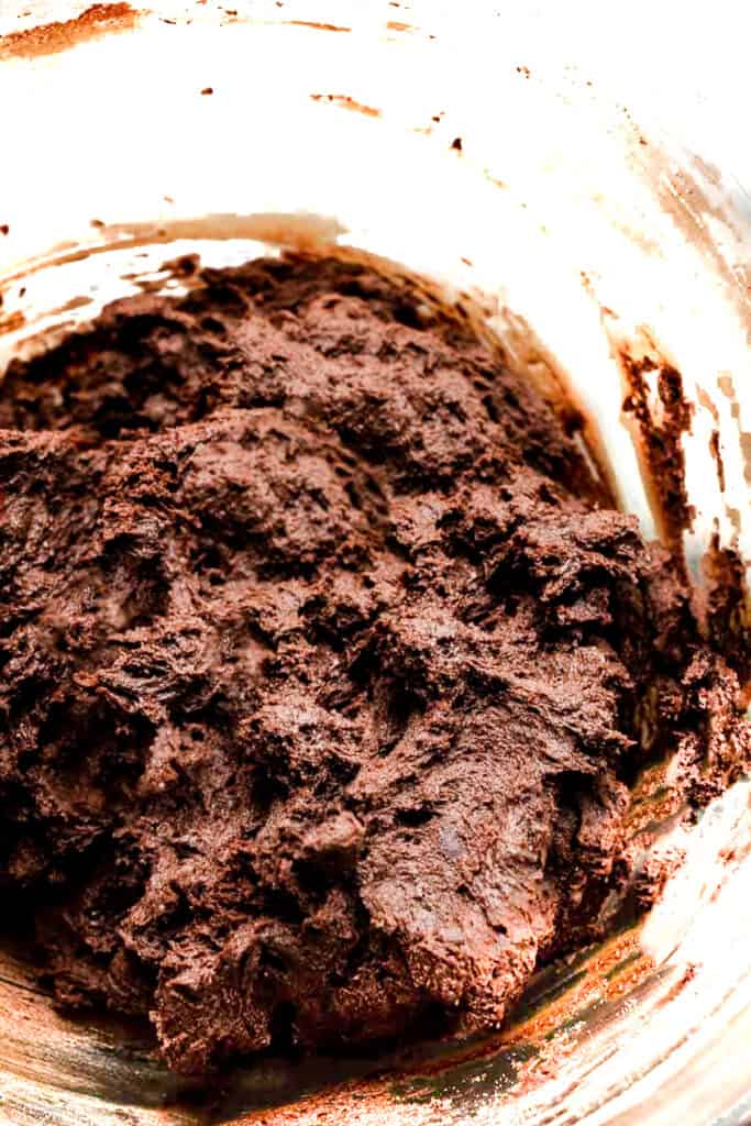 Double Chocolate Chip Cookie dough in a glass bowl