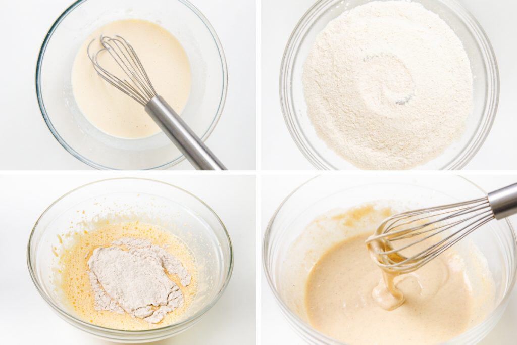  a whisk in a bowl of liquid ingredients, a bowl of dry ingredients, dry added to wet, and a whisk mixing the combined smooth batter.