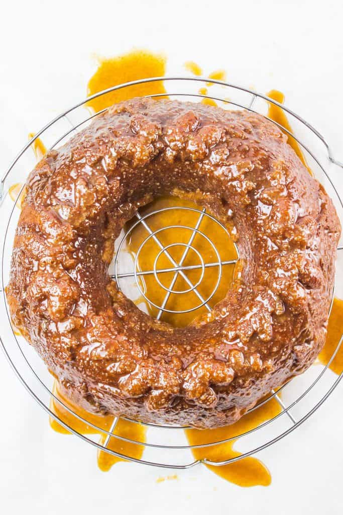 A Bundt Cake covered in the caramel glaze