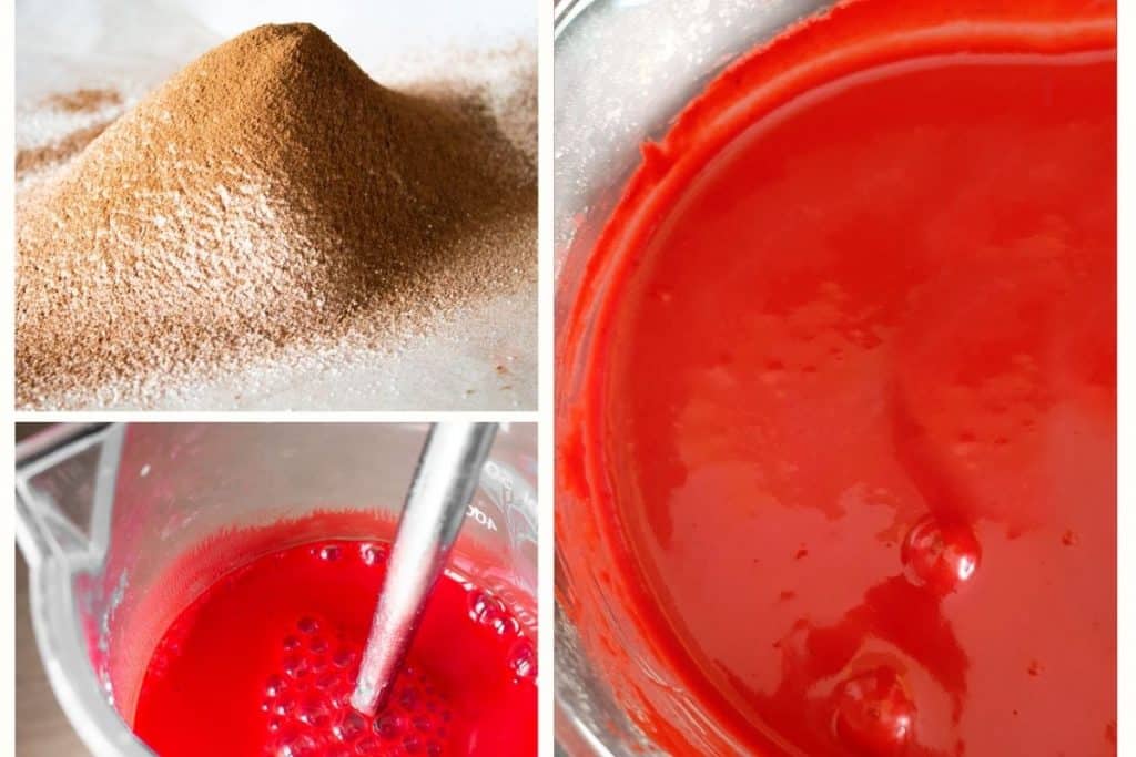 a collage of photos showing the dry ingredients, wet ingredients, and cake batter