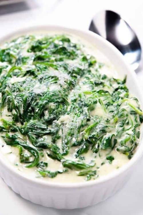 Creamed spinach in a bowl ready to serve.