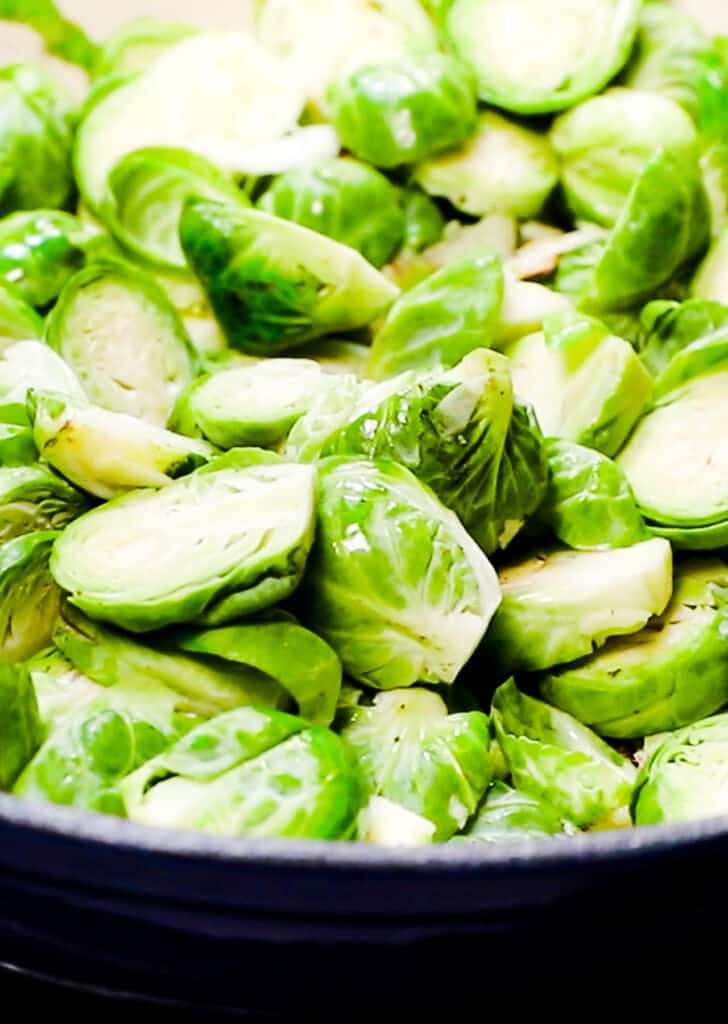 sliced brussels sprouts in a pan