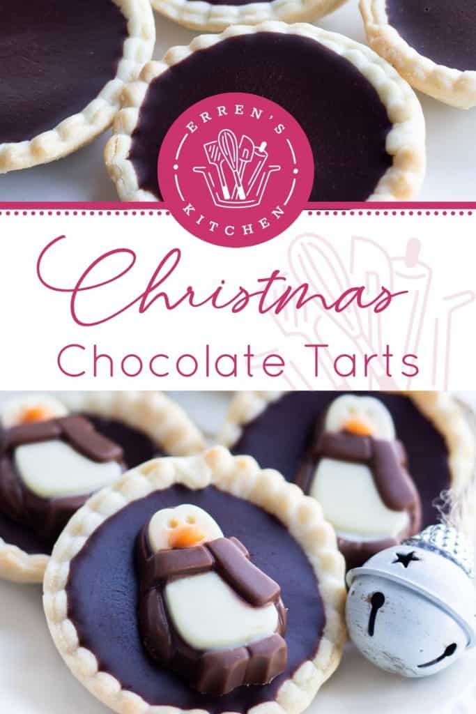 Three chcolate tarts on a plate with christmas decorations