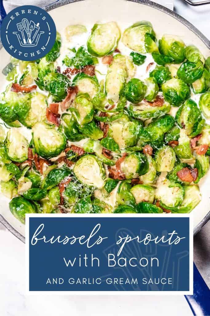 a pan with brussels sprouts amd bacon in a cream sauce
