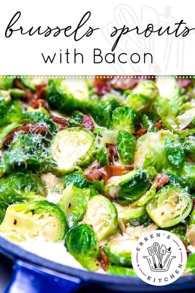 a pan with brussels sprouts amd bacon in a cream sauce