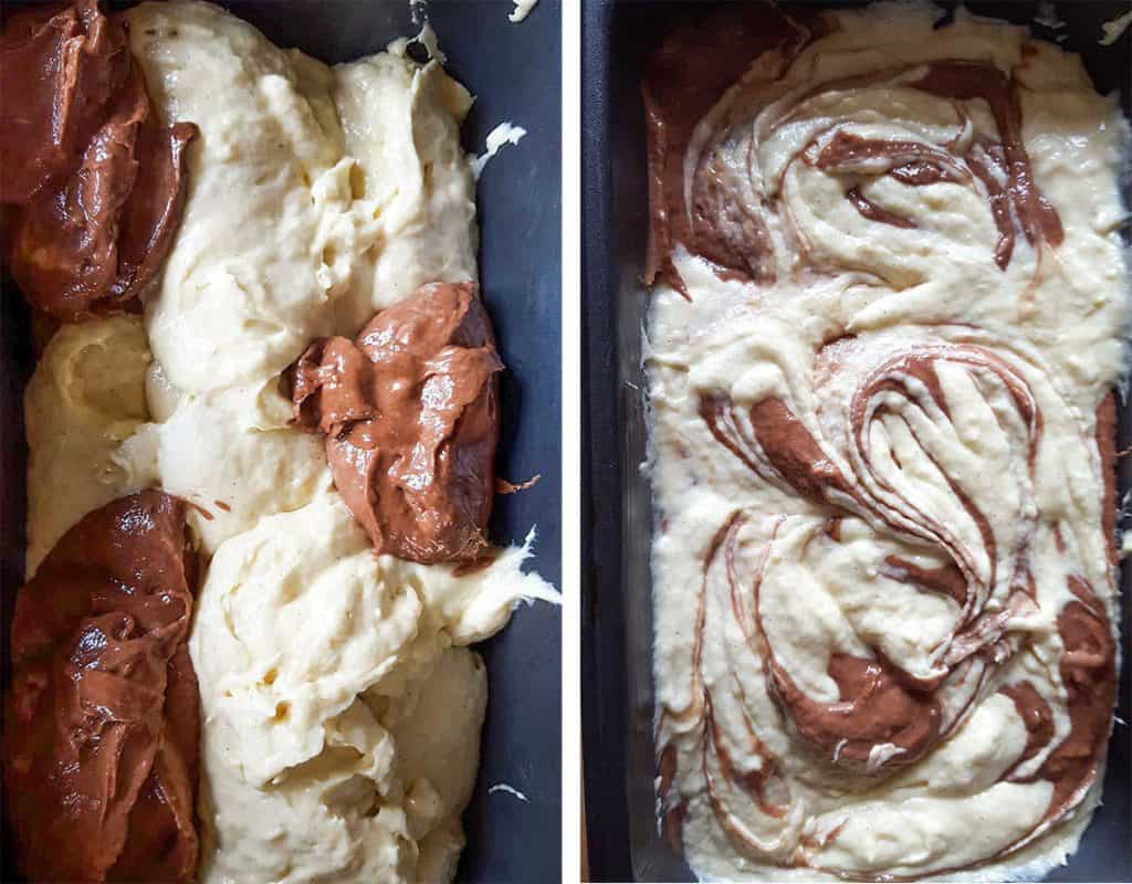 The batter in the spooned into the pan alternating between chocolate and vanilla then swirled together in the pan