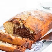 Marble cake sliced on a platter ready to serve