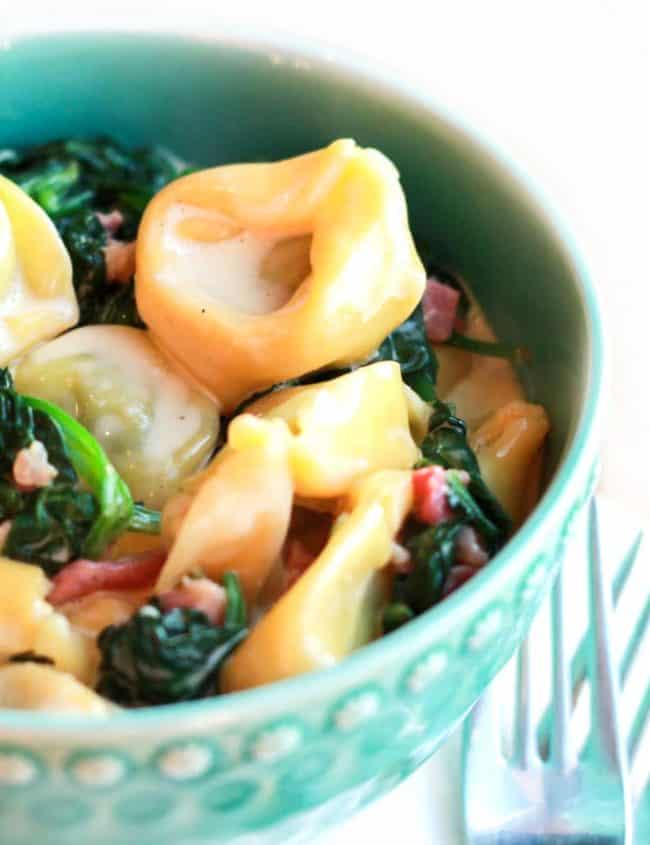 A bowl of Tortellini with cream sauce,