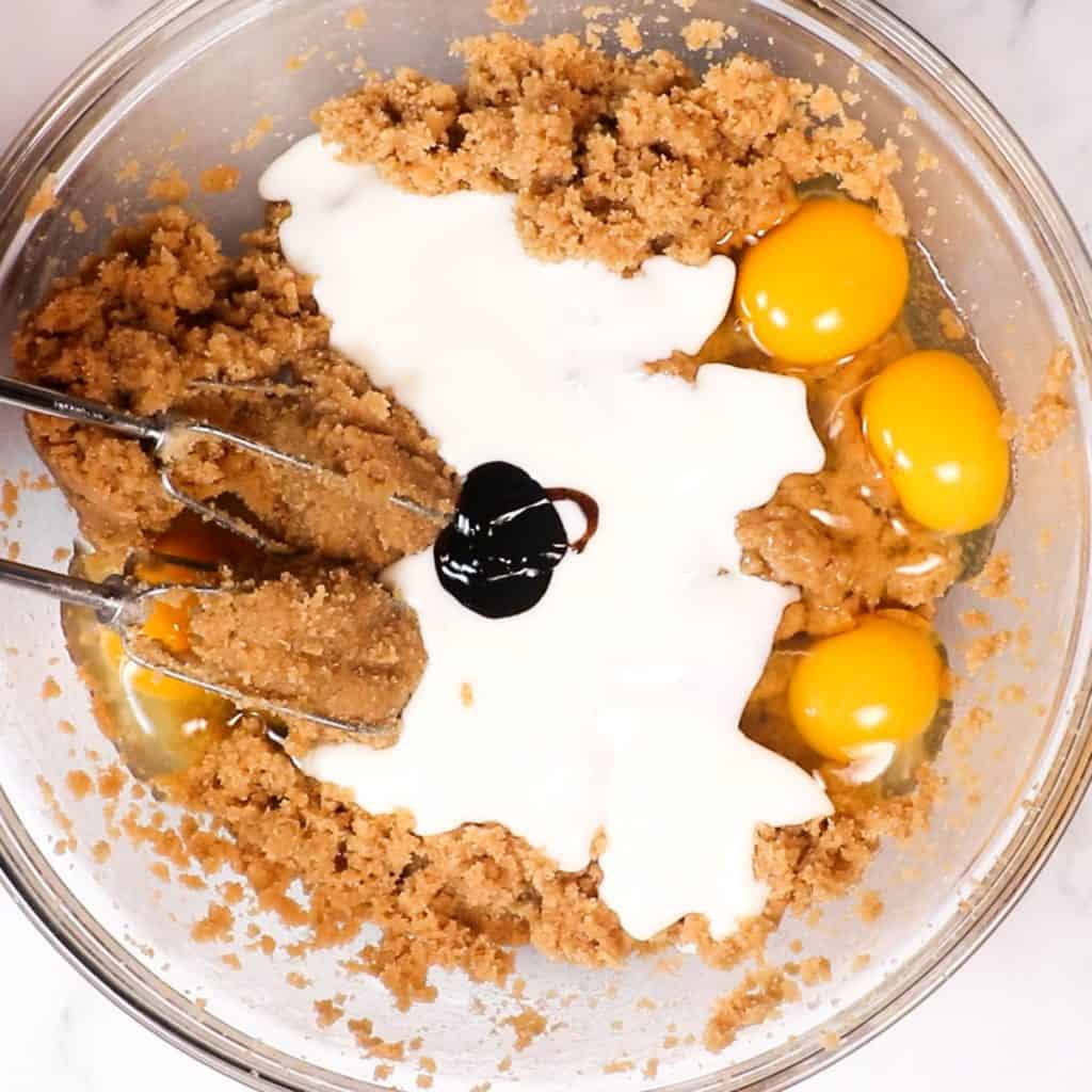 vanilla buttermilk and eggs added to the butter mixture