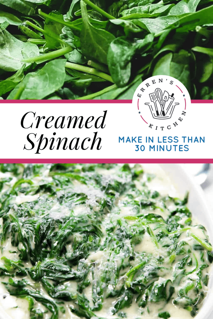 A photo showing spinach leaves before being cooked and a bowl full of creamed spinach.